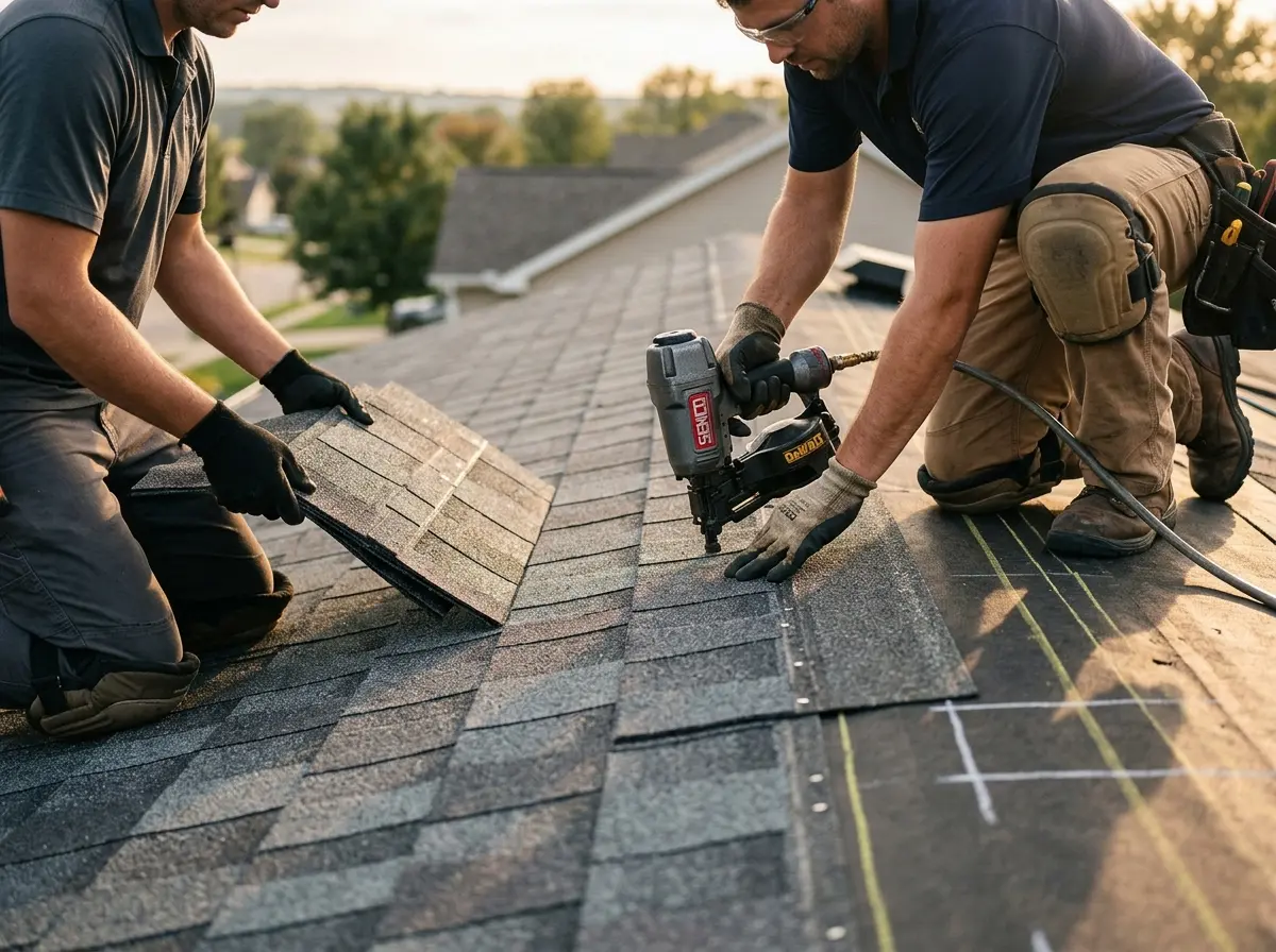 Professional roofer working on a residential roof in Deschutes River Woods